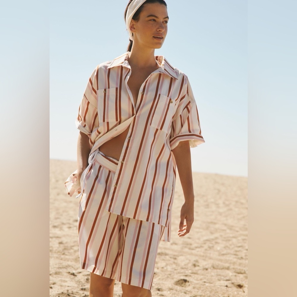 Anthropologie Boxy Buttondown Shirt Striped Coverup & Short Coord Set NWT